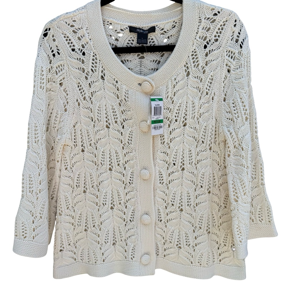 Style & Co Tuileries Cottagecore Coastal Boho Pointelle Leaf Knit Cardigan L NEW